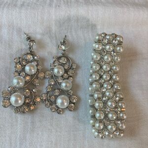Chandelier Earring &‎ Stretch Bracelet with Faux Pearls and Rhinestones Bundle
